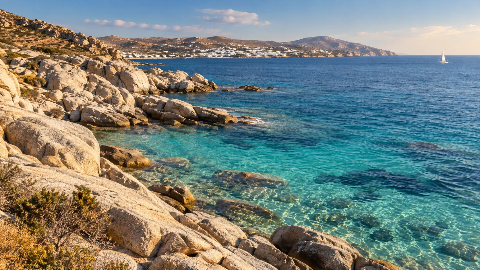 AI-generated Cycladic coastal mood image with turquoise sea and pale rocky shore. Not an exact property location.