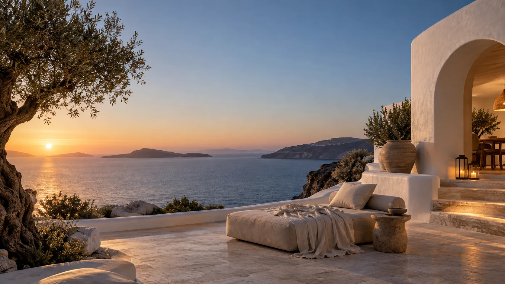 AI-generated design concept: a Cycladic terrace overlooking the sea. Not a photograph of Alya Paros.