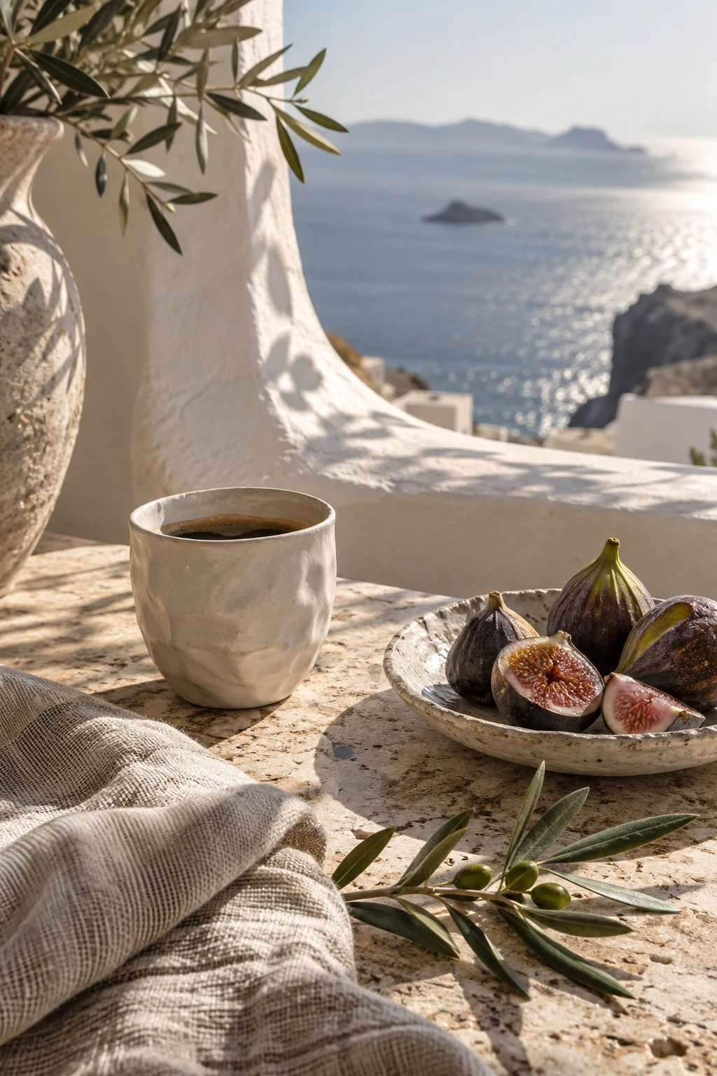 AI-generated island mood image: coffee, figs and linen in Mediterranean morning light. Breakfast is not advertised as included.
